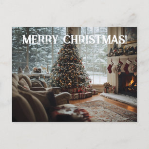 Cozy Room Christmas ,Fireplace, Tree and Stockings Holiday Postcard
