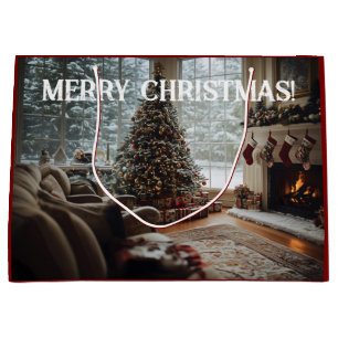 Cozy Room Christmas ,Fireplace, Tree and Stockings Large Gift Bag