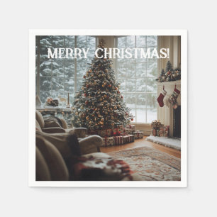 Cozy Room Christmas ,Fireplace, Tree and Stockings Napkin