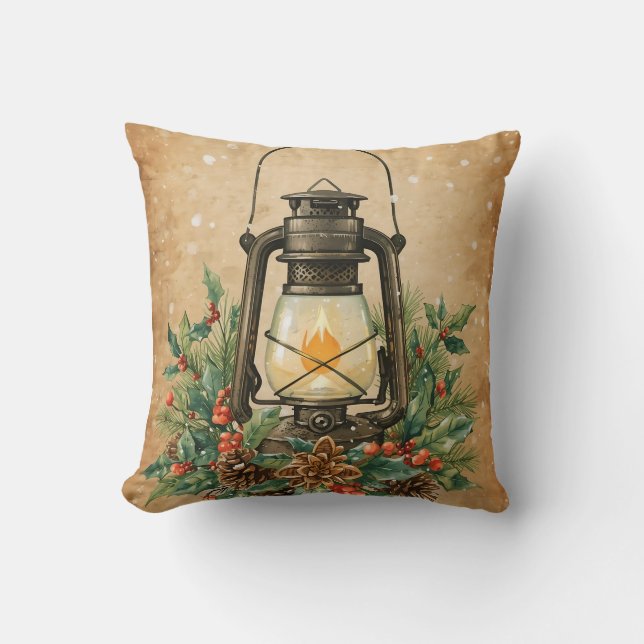 Cozy rustic lantern Christmas holly pine festive Cushion (Front)