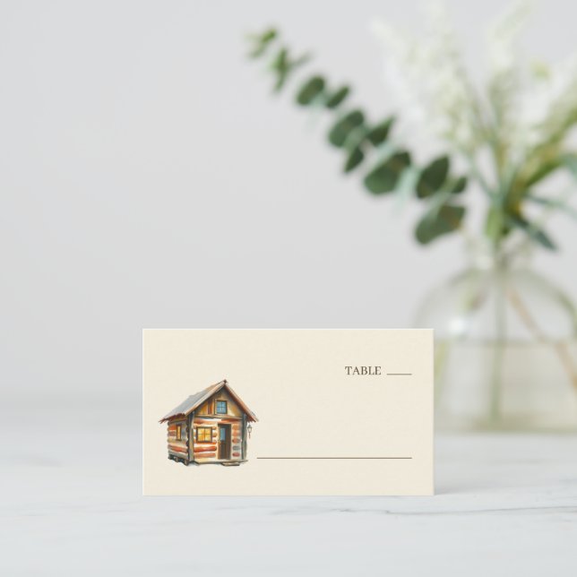 Cozy Rustic Log Cabin Illustration Place Card (Standing Front)