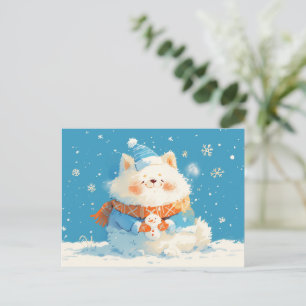 Cozy Samoyed Dog with Mini Snowman Holiday Postcard