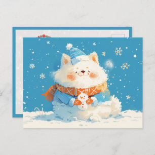 Cozy Samoyed Dog with Mini Snowman Postcard
