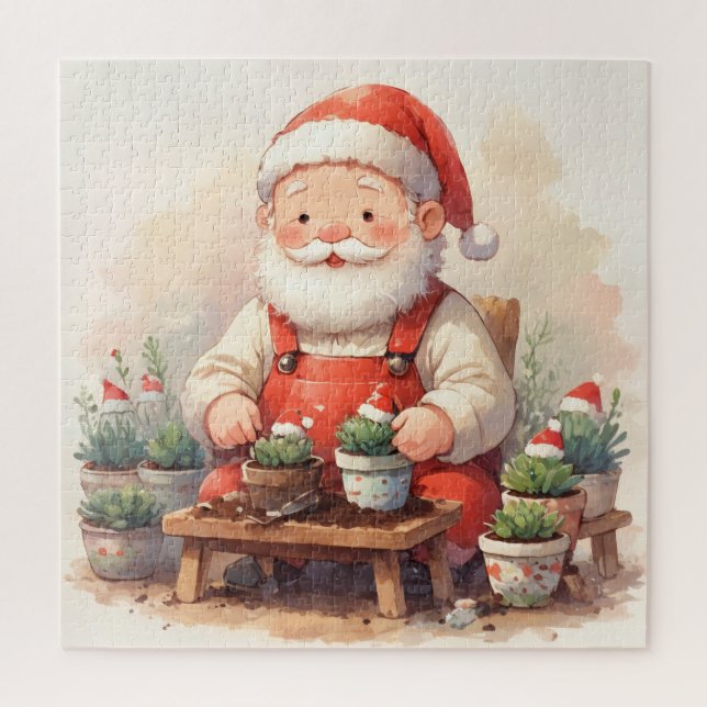 Cozy Santa Claus Gardener Planting Succulents Jigsaw Puzzle (Vertical)