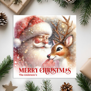 Cozy Santa Rudolph Personalized Christmas Kids Jigsaw Puzzle