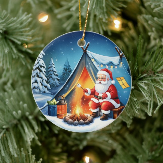Cozy Santa Winter Camping Adventure Ceramic Ornament (Tree)