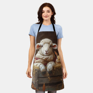 Cozy Sheep and Rabbit in Barn with Flowers Apron