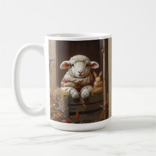 Cozy Sheep and Rabbit in Barn with Flowers Coffee Mug
