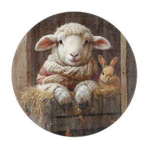 Cozy Sheep and Rabbit in Barn with Flowers Cutting Board