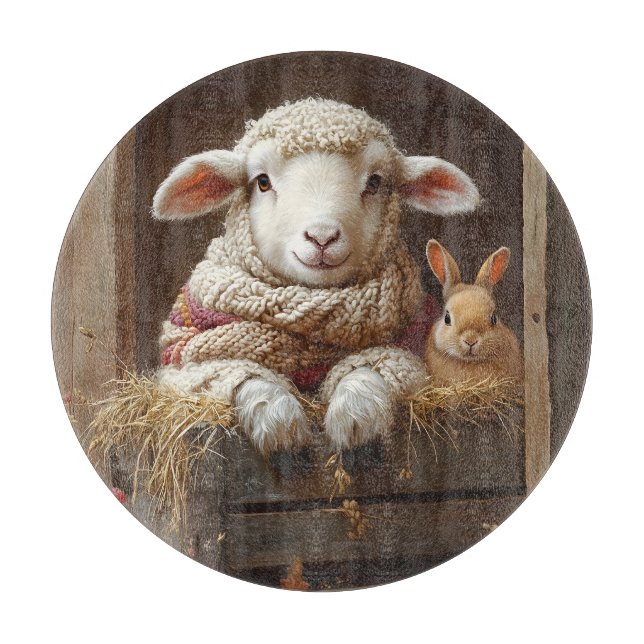 Cozy Sheep and Rabbit in Barn with Flowers Cutting Board (Front)