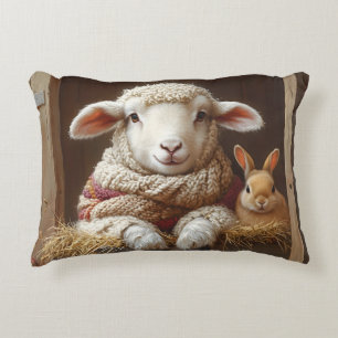 Cozy Sheep and Rabbit in Barn with Flowers Decorative Cushion