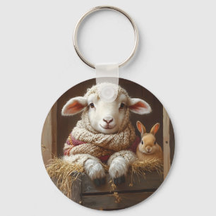 Cozy Sheep and Rabbit in Barn with Flowers Key Ring