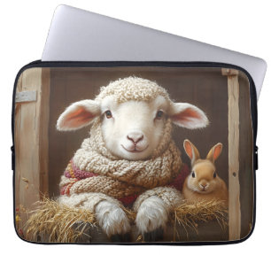 Cozy Sheep and Rabbit in Barn with Flowers Laptop Sleeve