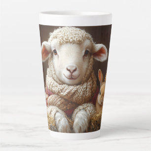 Cozy Sheep and Rabbit in Barn with Flowers Latte Mug