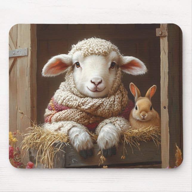 Cozy Sheep and Rabbit in Barn with Flowers Mouse Pad (Front)