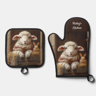 Cozy Sheep and Rabbit in Barn with Flowers Oven Mitt & Pot Holder Set