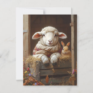 Cozy Sheep and Rabbit in Barn with Flowers Postcard