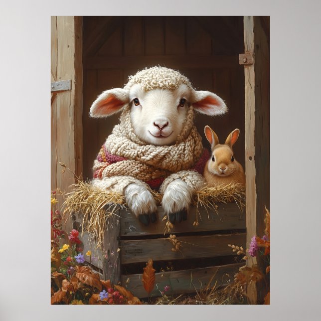 Cozy Sheep and Rabbit in Barn with Flowers Poster (Front)
