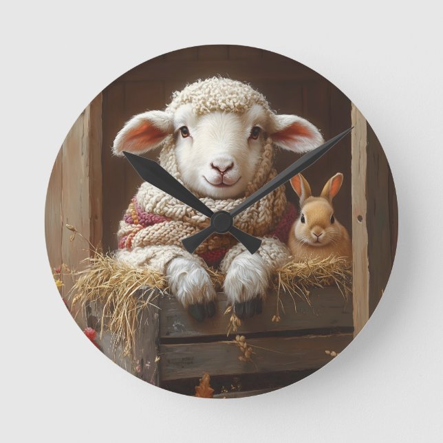 Cozy Sheep and Rabbit in Barn with Flowers Round Clock (Front)