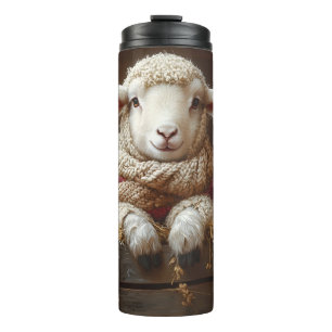 Cozy Sheep and Rabbit in Barn with Flowers Thermal Tumbler