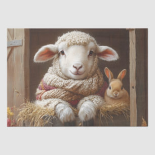 Cozy Sheep and Rabbit in Barn with Flowers Tissue Paper