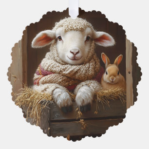 Cozy Sheep and Rabbit in Barn with Flowers Tree Decoration Card