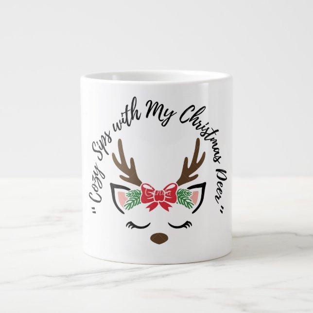 Cozy Sips with My Christmas Deer” – Cute Reindeer  Large Coffee Mug (Front)