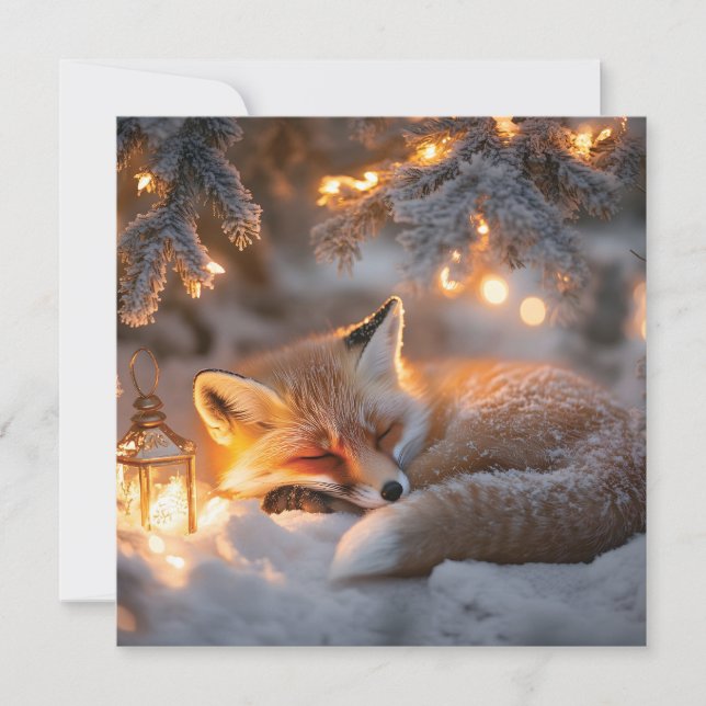 Cozy Sleeping Fox Under Snowy Branches  Holiday Card (Front)