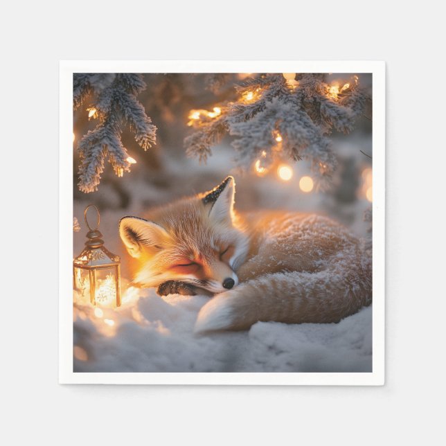 Cozy Sleeping Fox Under Snowy Branches  Napkin (Front)