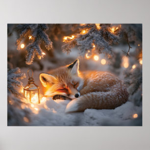 Cozy Sleeping Fox Under Snowy Branches Poster