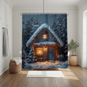 Cozy Snowy Cabin Christmas Winter Forest Shower Curtain
