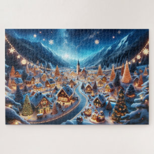Cozy Snowy Christmas Village at Night Jigsaw Puzzle