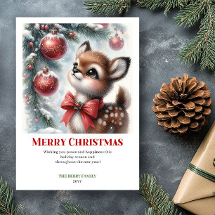 Cozy Snowy Forest Fawn Watercolor Xmas Card 