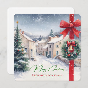 Cozy Snowy French Village Scene your name Holiday Card