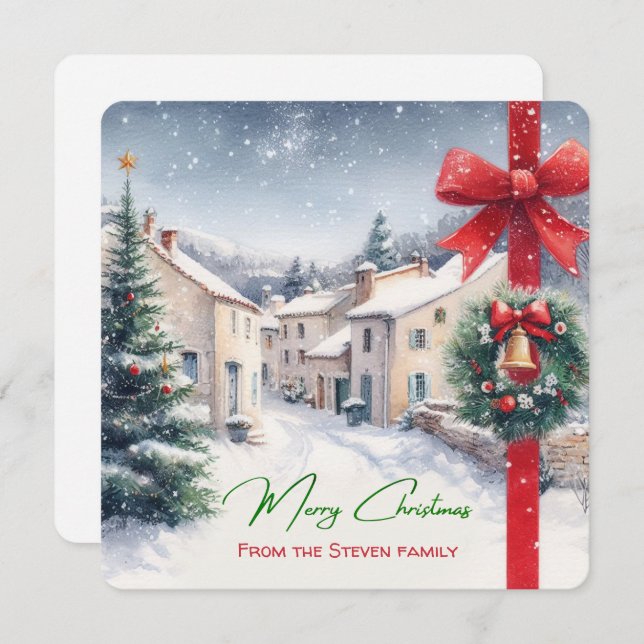 Cozy Snowy French Village Scene your name Holiday Card (Front/Back)