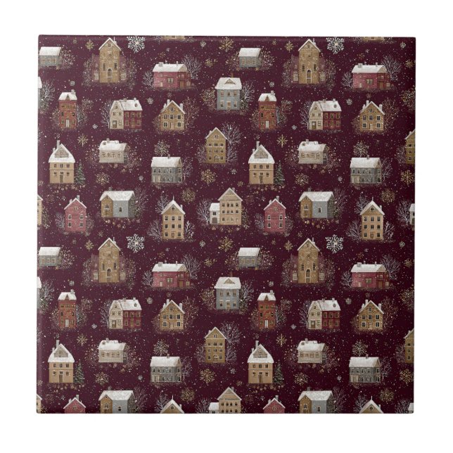 Cozy Snowy Winter Village Pattern (2) Ceramic Tile (Front)