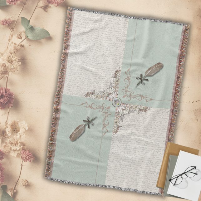 Cozy Soft Sage Green Manuscript Woven Throw Blanket (Ideal for Cottagecore, neutral, and peaceful home decor)