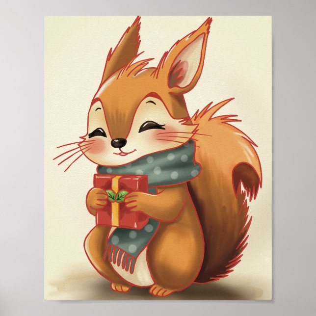 Cozy Squirrel with a Gift – Whimsical Winter Woodl Poster (Front)
