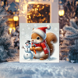 Cozy Squirrel with Snowman and Santa Hat Holiday Card