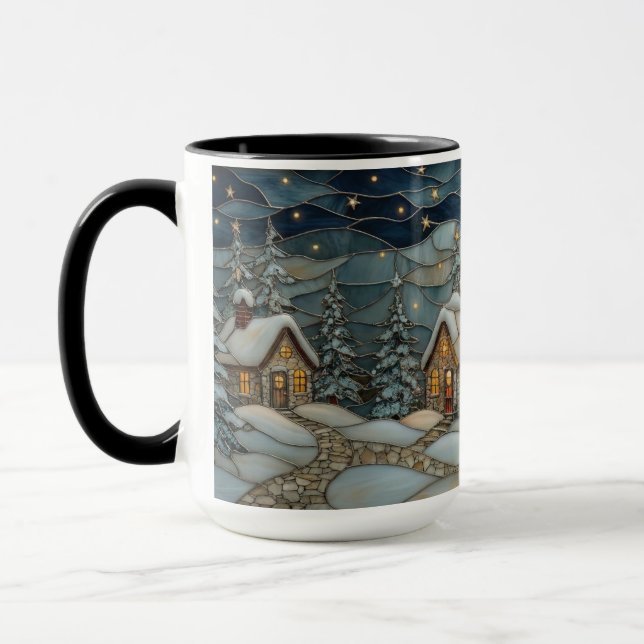 Cozy Stained Glass Snowy Village Holiday Mug (Left)