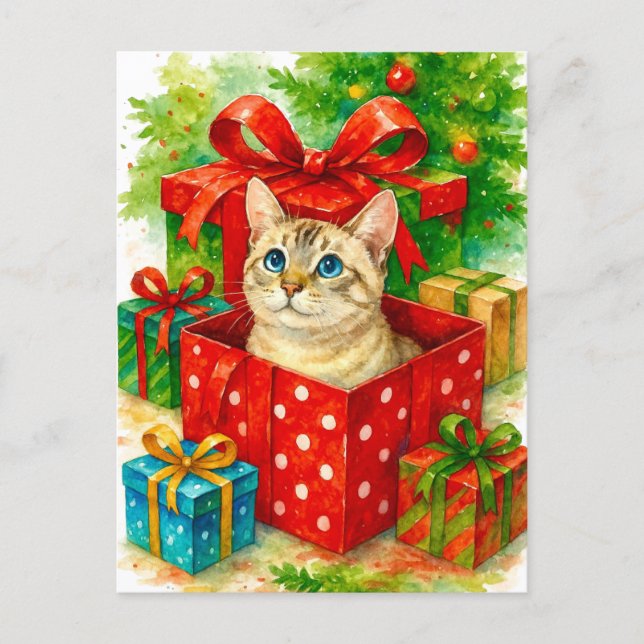 Cozy Surprise Cat Christmas Postcard (Front)