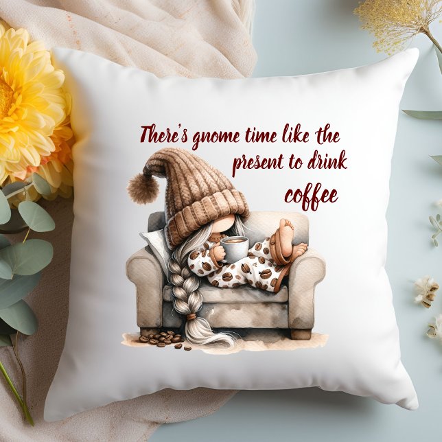 Cozy Two-tone Watercolor Gnome Throw Pillow (There's gnome time like the present to drink coffee accent pillow)