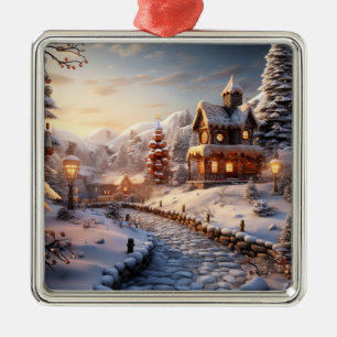 Cozy Village at Christmas illustration Metal Ornament