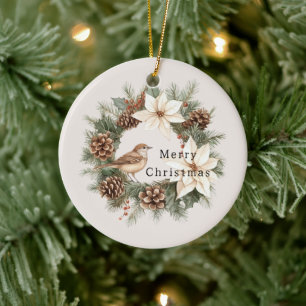Cozy Warm Christmas Poinsettia Pine Cones Bird Ceramic Ornament