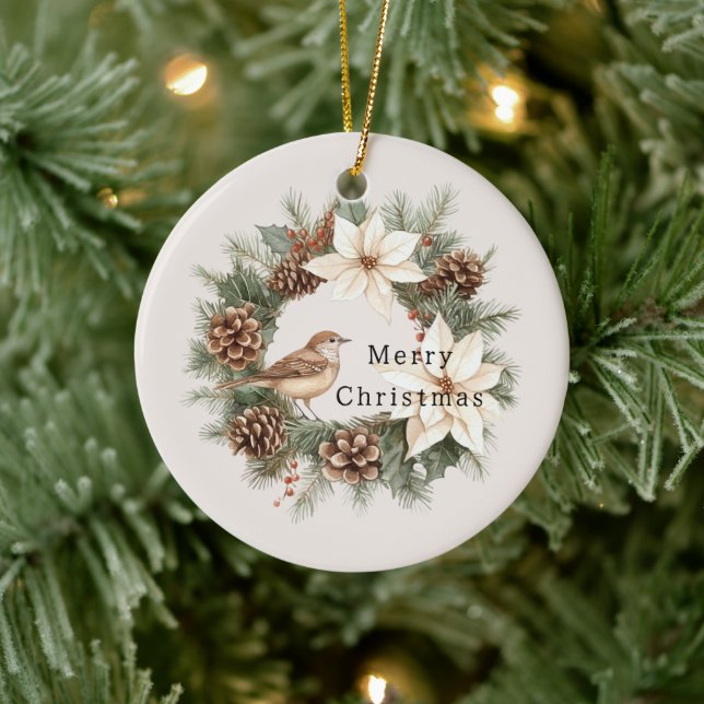 Cozy Warm Christmas Poinsettia Pine Cones Bird Ceramic Ornament (Tree)