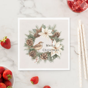 Cozy Warm Christmas Poinsettia Pine Cones Bird Napkin