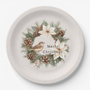 Cozy Warm Christmas Poinsettia Pine Cones Bird Paper Plate