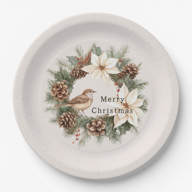 Cozy Warm Christmas Poinsettia Pine Cones Bird Paper Plate (Front)