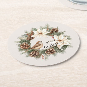 Cozy Warm Christmas Poinsettia Pine Cones Bird Round Paper Coaster