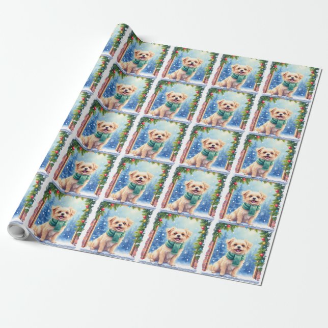 Cozy Watercolor Affenpinscher Christmas Snowy Wrapping Paper (Unrolled)